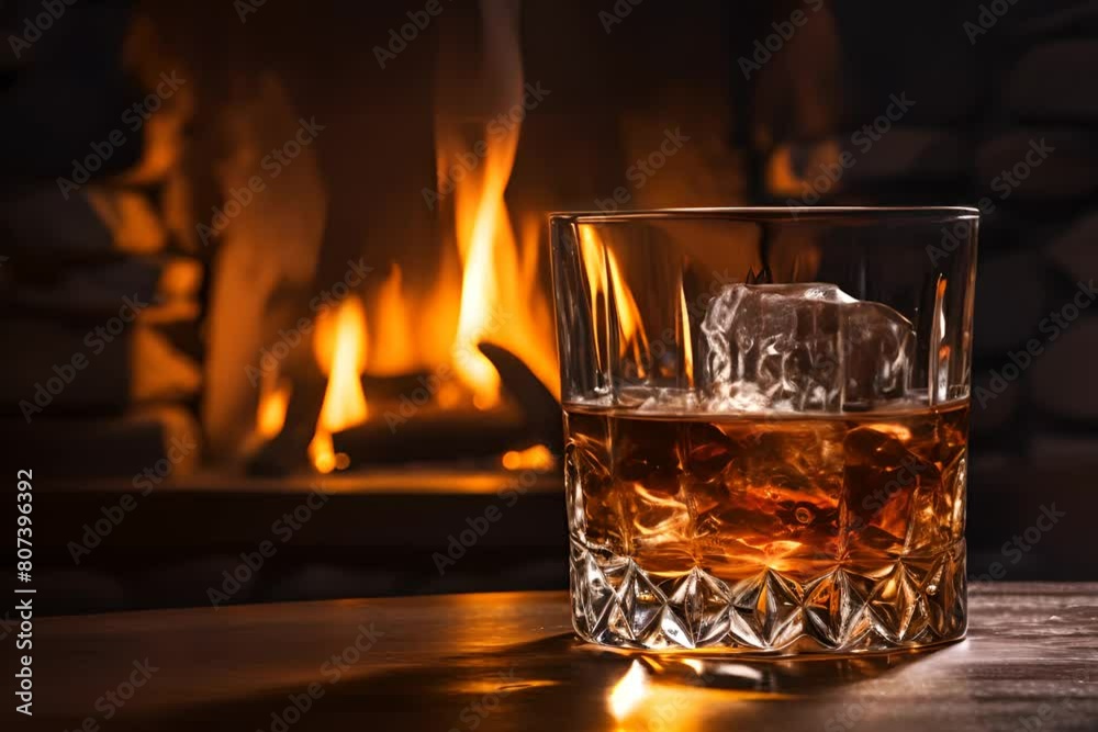 Glass of whiskey by the fireplace