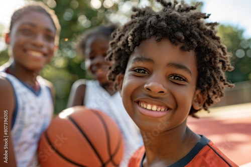 Happy African American boy playing basketball with friends in the schoolyard, closeup photo of cute curly haired kid smiling and holding the ball while the team stands behind him in the background.