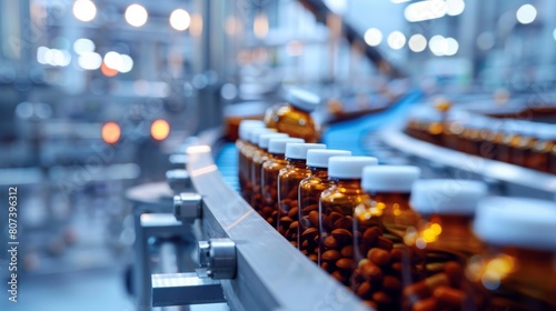 Brown glass pharmaceutical bottles on conveyor � GMP manufacturing