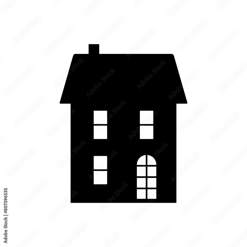 Two-story house icon. Black silhouette. Front side view. Vector simple flat graphic illustration. Isolated object on a white background. Isolate.