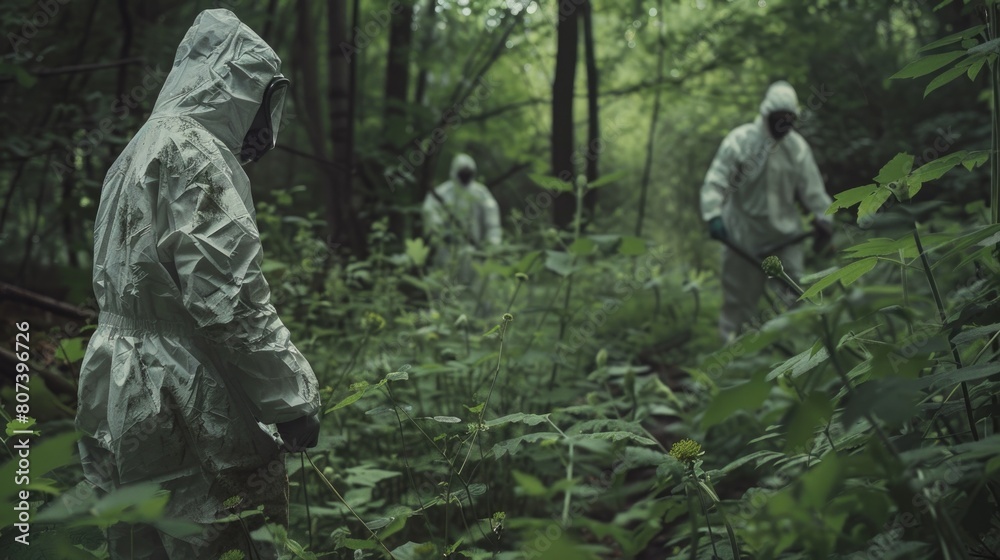 Specialists or workers in protective suits using specialized equipment to combat dangerous Giant Hogweed