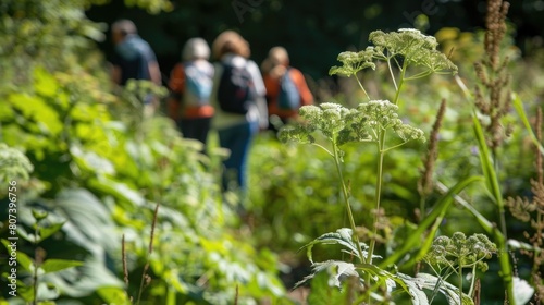 Territory as dangerous Giant Hogweed invades a natural environment. Toxic Giant Hogweed plants are visible in the foreground, with people fighting against them in the background