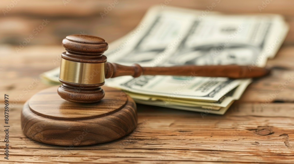 Wooden gavel on a stack of US dollar bills, symbolizing justice, law, and financial matters. Concept of legal system, court, and finance.
