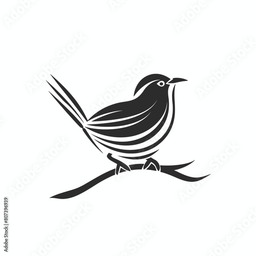 Minimalist black and white bird illustration perched on a branch.