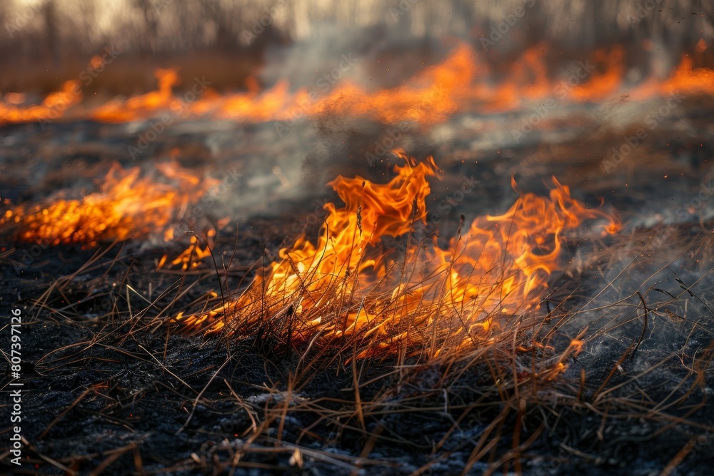 A field of dry grass is on fire, with flames reaching high into the sky A field of dry grass is on fire, with flames reaching high into the sky