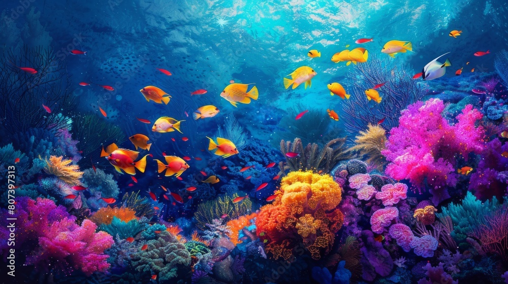 underwater marine life, a vibrant school of fish dances around intricate coral, creating a mesmerizing sight in the tropical underwater paradise