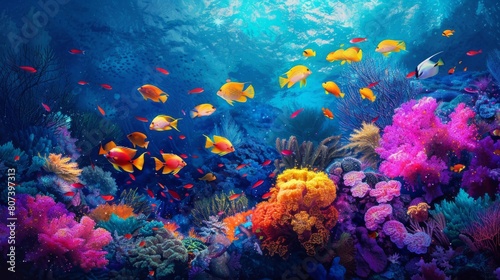 underwater marine life  a vibrant school of fish dances around intricate coral  creating a mesmerizing sight in the tropical underwater paradise