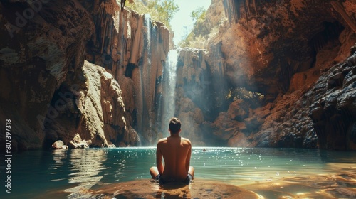 man meditating in a cave with a lake at day photo
