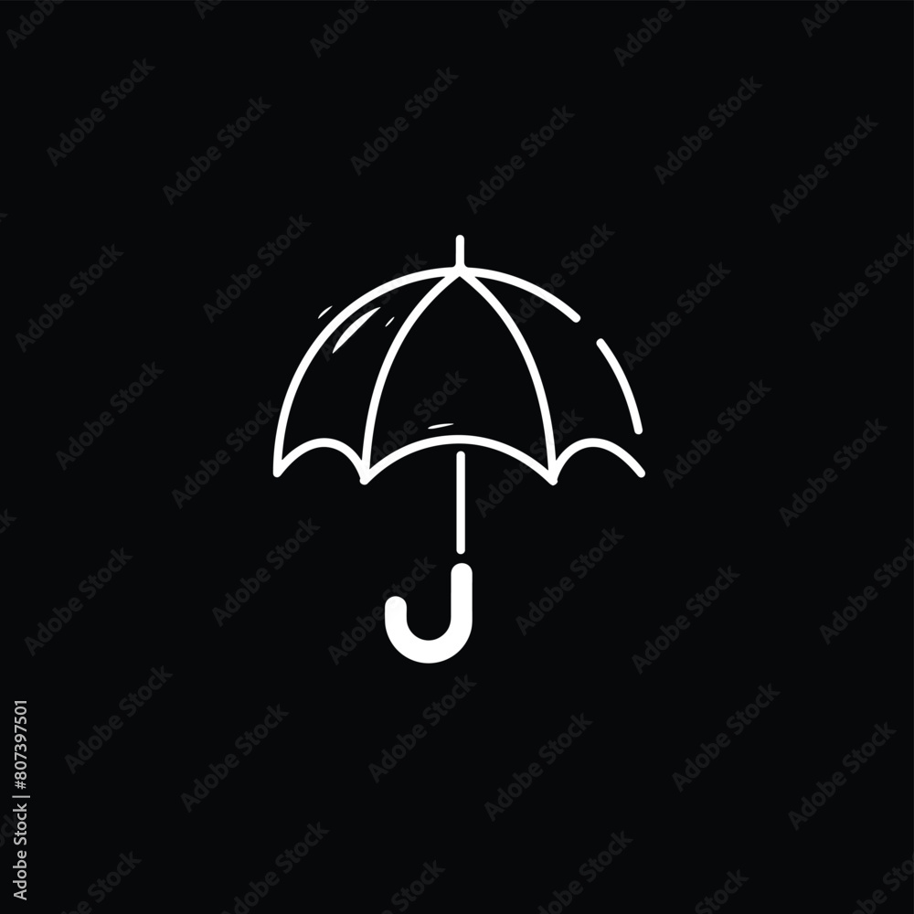 Minimalistic white umbrella icon on a black background.