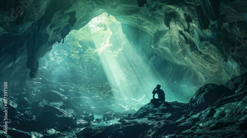 man meditating in a cave with a lake during the day in high resolution and quality