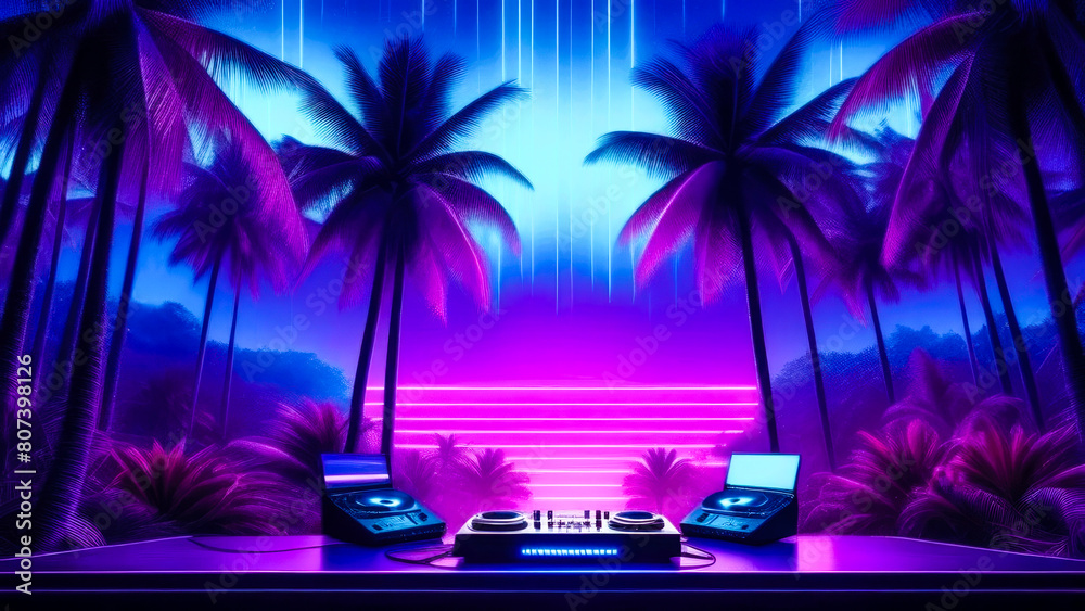 A DJ set up with two turntables and a mixer. The scene is set in a tropical environment with palm trees in neon lights synthwave style.