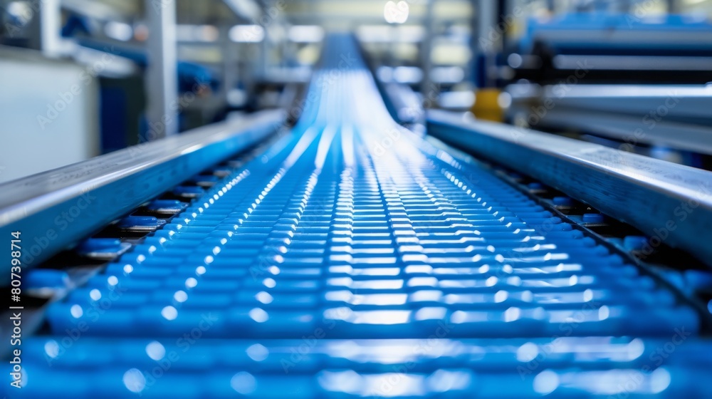 Obraz premium Low-angle view of a blue conveyor belt in a factory, symbolizing industrial automation and efficient production lines. Concept of industrial automation, factory production, and machinery. 