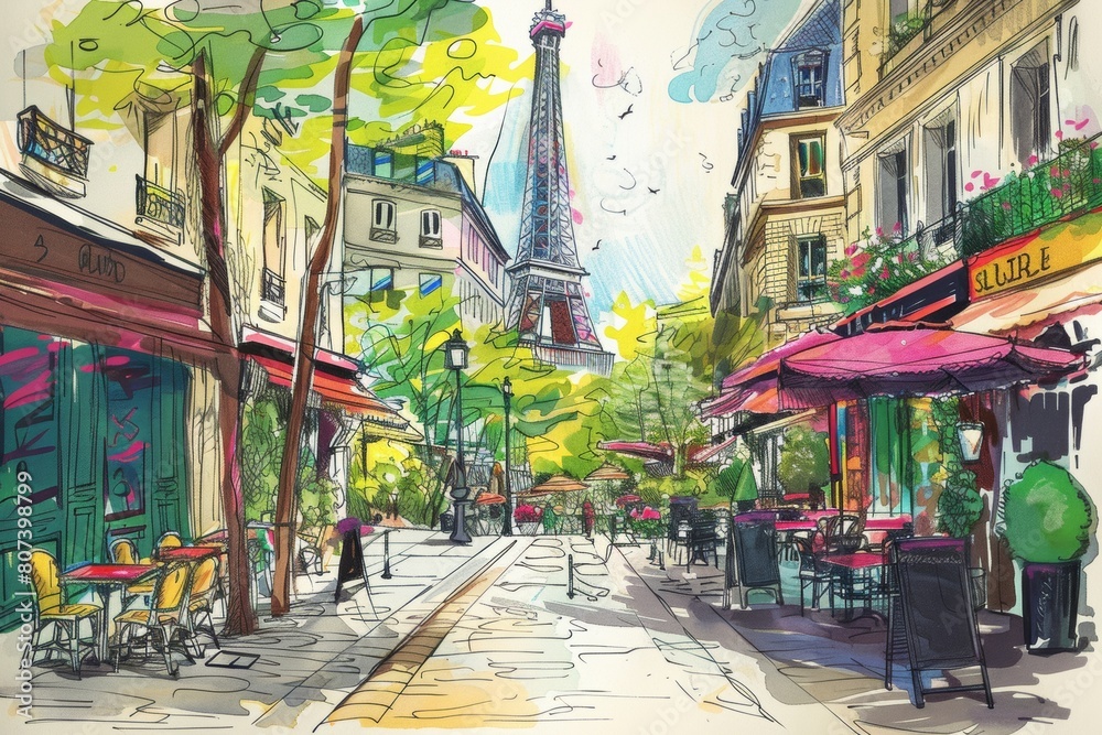 colorful sketch ob summer in Paris view of the city cafe  with its symbol Eiffel Tower