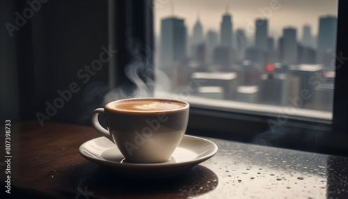 A steaming hot cup of coffee on a rainy day, with a blurred cityscape visible through the window