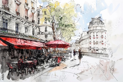 colorful sketch ob summer in Paris view of the city Witt cafes and buildings © Dina