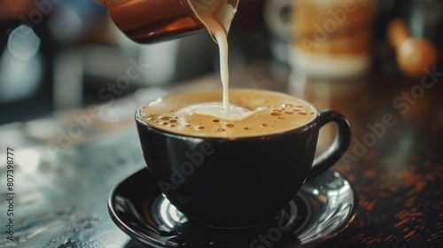Adding coffee creamer into black coffee. Cream pouring in a cup of black coffee. Generative AI