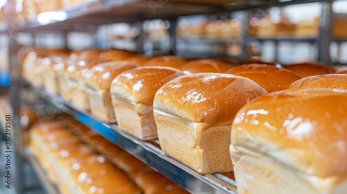 Rows of freshly baked loaves of bread arranged on metal racks in a bakery, with soft golden crusts reflecting the light, conveying the warmth and care in traditional bread-making. Concept of food photo