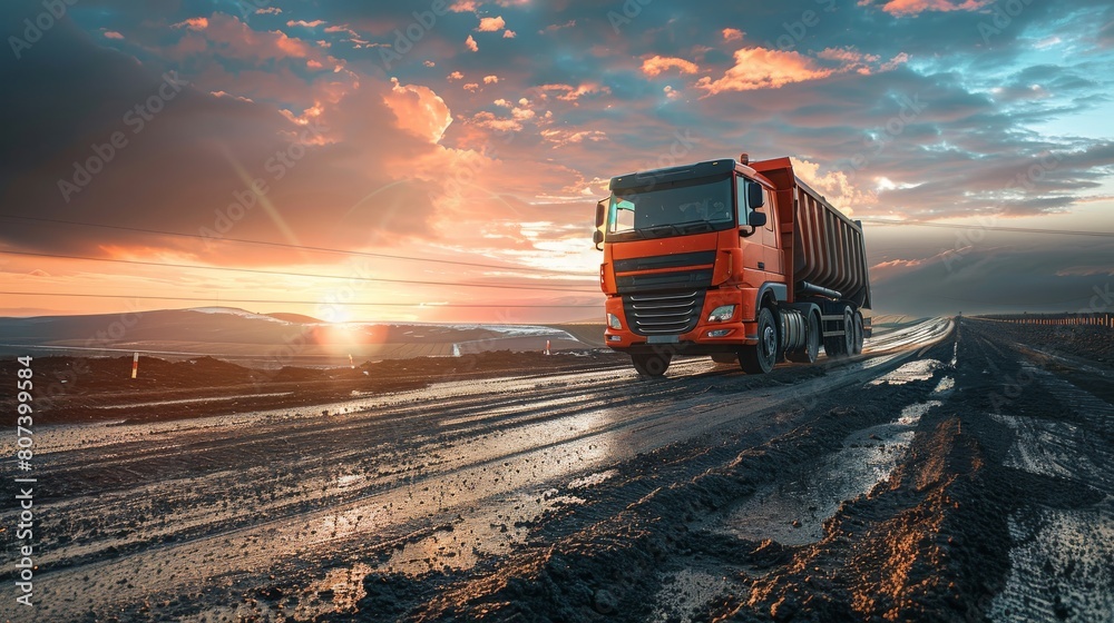 Large red industrial dump truck driving on a muddy road at sunset, with dramatic clouds in the sky, symbolizing heavy industry, transportation
Large red industrial dump truck driving on a muddy road at sunset, with dramatic clouds in the sky, symbolizing heavy industry, transportation