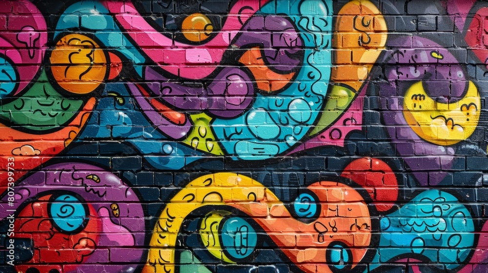 colorful and detailed graffiti on brick wall, showcasing urban street art vibe colorful and detailed graffiti on brick wall, showcasing urban street art vibe