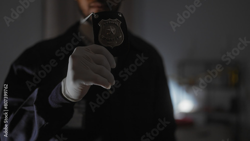 Obraz na plátně A silhouetted man displays a police badge in a dimly lit room, suggesting an undercover law enforcement scenario
