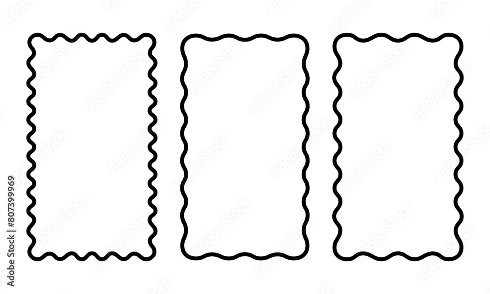 Set of vertical rectangle frames with wavy edges. Rectangular shapes with curvy borders. Mirror, picture or photo frameworks. Empty text boxes isolated on white background. Vector graphic illustration Set of vertical rectangle frames with wavy edges. Rectangular shapes with curvy borders. Mirror, picture or photo frameworks. Empty text boxes isolated on white background. Vector graphic illustration