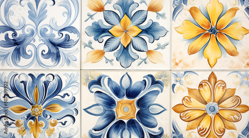 Artistic pattern on tiles made using the majolica technique drawn by hand with watercolors used for textile prints and fabric designsArtistic pattern on tiles made using the majolica technique drawn