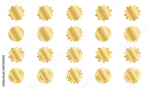 Set of gold round stickers with wavy borders. Shining golden curvy labels, quality badges, price tags, stamps, sale offer shapes isolated on white background. Vector realistic illustration.