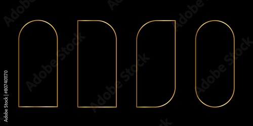 Set of golden arch, semiarch, double arch and leaf frames. Elegant gold templates for wedding invitation or greeting cards, event or party banners isolated on dark background. Vector illustration.