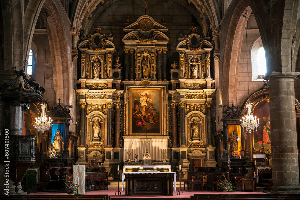 View of the altar inside the church of Saint-Gildas. Photography taken in Auray, Brittany, France.