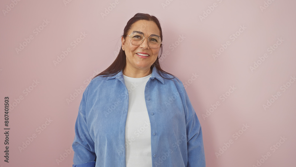 A smiling mature hispanic woman in casual attire stands confidently against a pink background, radiating warmth and approachability. A smiling mature hispanic woman in casual attire stands confidently against a pink background, radiating warmth and approachability.