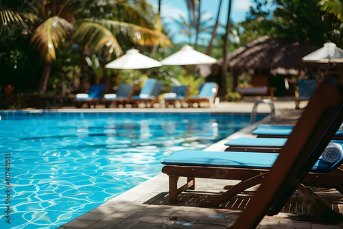 Swimming pool and sun loungers at stylish tropical hotel  summertime banner mockup. Summer travel sales and vacation concept.