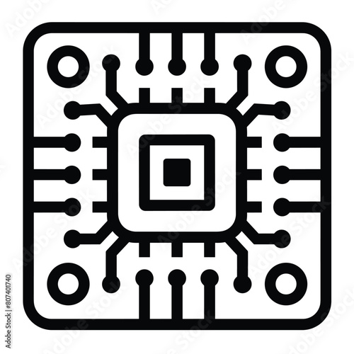 Minimalist black and white microchip symbol with circuit lines and connectors.