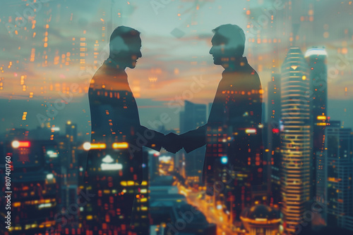 investors businessman handshake double exposure with a city in the evening. High quality photo photo