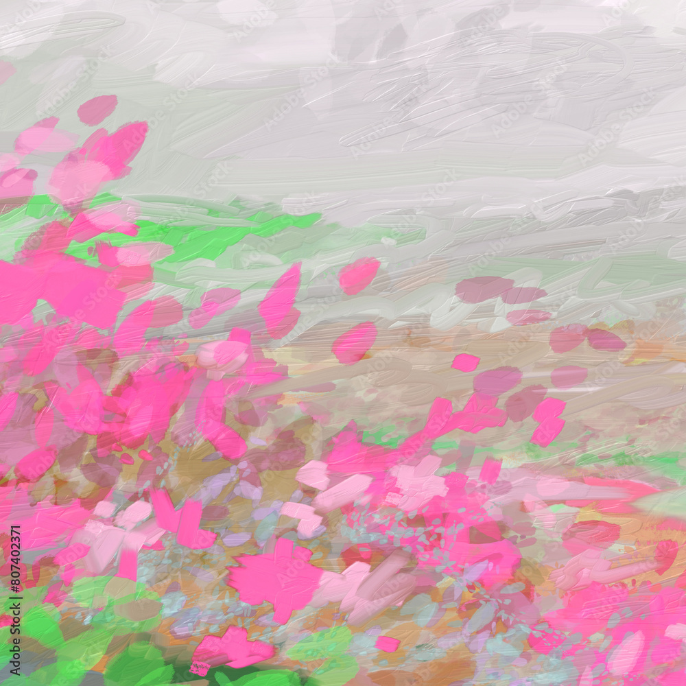 Impressionistic Spring or Summer Hot Pink Flowers in Bloom in the Forefront of a Meadow, Valley or Pasture & Stream or Brook with Digital Painting, Art, Artwork, Illustration, Design with Texture