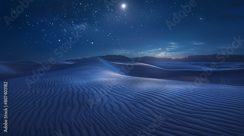 Purple blue night in desert, moon in clear sky, peaceful broad desert landscape background.