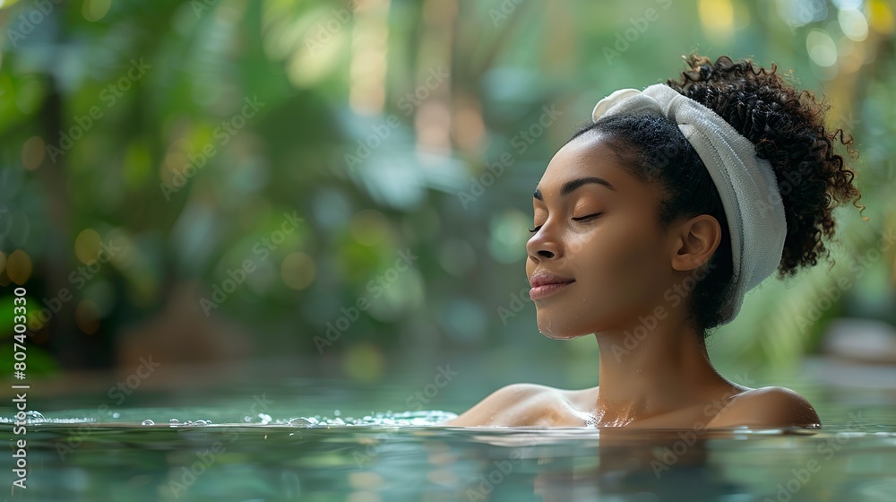 A beautiful woman enjoying a moment of relaxation in a spa. Black woman in skin and body care in peaceful and serene environment.