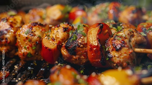 Close up pf delicious chicken breast on wooden skew with fresh vegetables, garlic, paprika fried on mangal barbeque grill and smoke photo