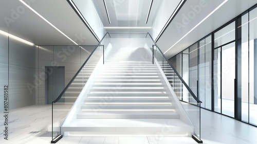 An entrance hall with a minimalist white staircase and glass side panels, accented with a sleek black handrail and overhead ambient lighting