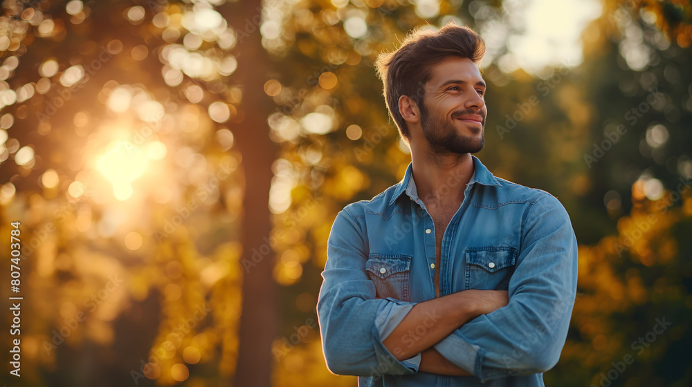 Smiling young man in a denim shirt enjoying a golden sunset in an autumn park Smiling young man in a denim shirt enjoying a golden sunset in an autumn park