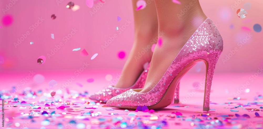 Glamorous Pink Glitter High Heels on a Festive Background with Floating Confetti Glamorous Pink Glitter High Heels on a Festive Background with Floating Confetti