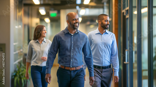Diverse business team in casual attire walking through an office hallway, engaged in conversation