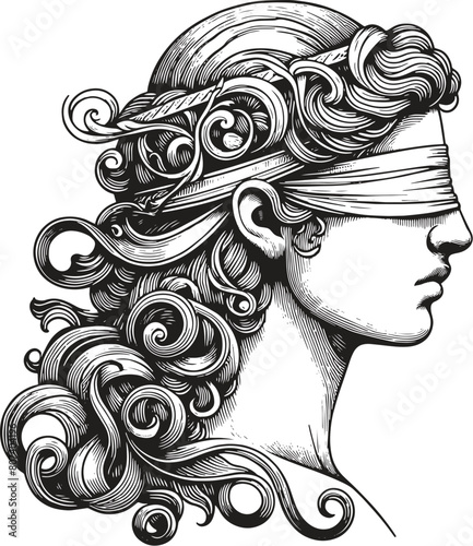 Lady Justice, Themis blindfolded on her side