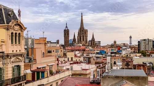 Day to Night Timelapse of Barcelona Spain Skyline with Cathedral