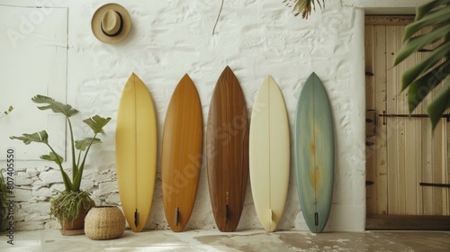 Five surfboards neatly lined up against a white wall, creating a visually striking display of beach sports equipment. © Prostock-studio