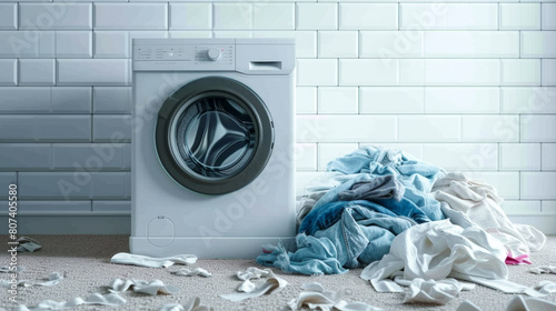 free space on the left corner for title banner realistic photo: image of dirty laundry piled up photo