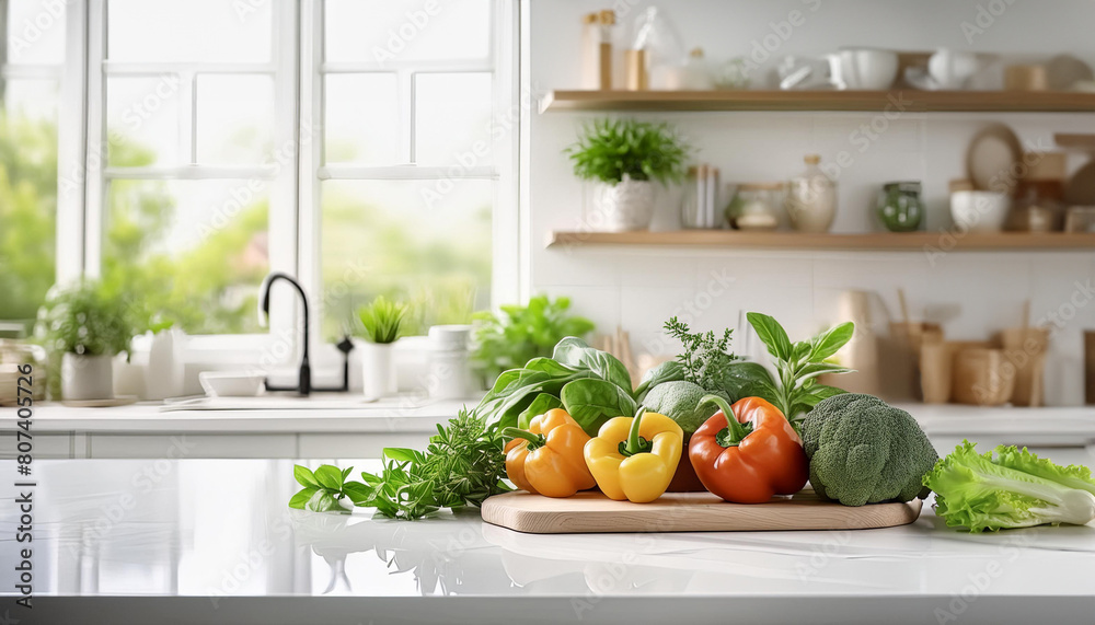 Illustration of a vibrant, modern kitchen bathed in sunlight, with fresh vegetables like bell peppers and broccoli on the counter. Generative Ai. Illustration of a vibrant, modern kitchen bathed in sunlight, with fresh vegetables like bell peppers and broccoli on the counter. Generative Ai.