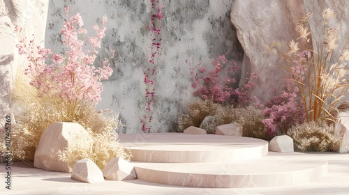 Natural beauty podium backdrop with stone and flower grass. 3d render. 