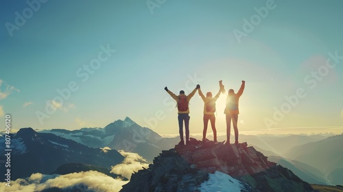Together overcoming obstacles with three people holding hands up in the air on mountain top , celebrating success and achievements
 photo