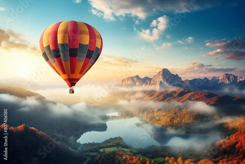 Colorful hot air balloon over the mountains and lake