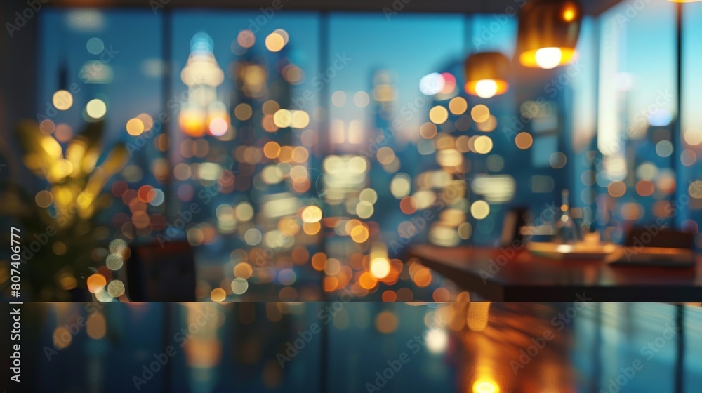 Evening Office Workspace with Cityscape for Business Presentation